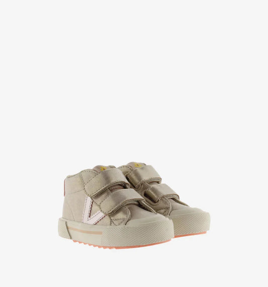 Victoria : baskets montantes Platino effet cuir doré semelle fluo à scratch