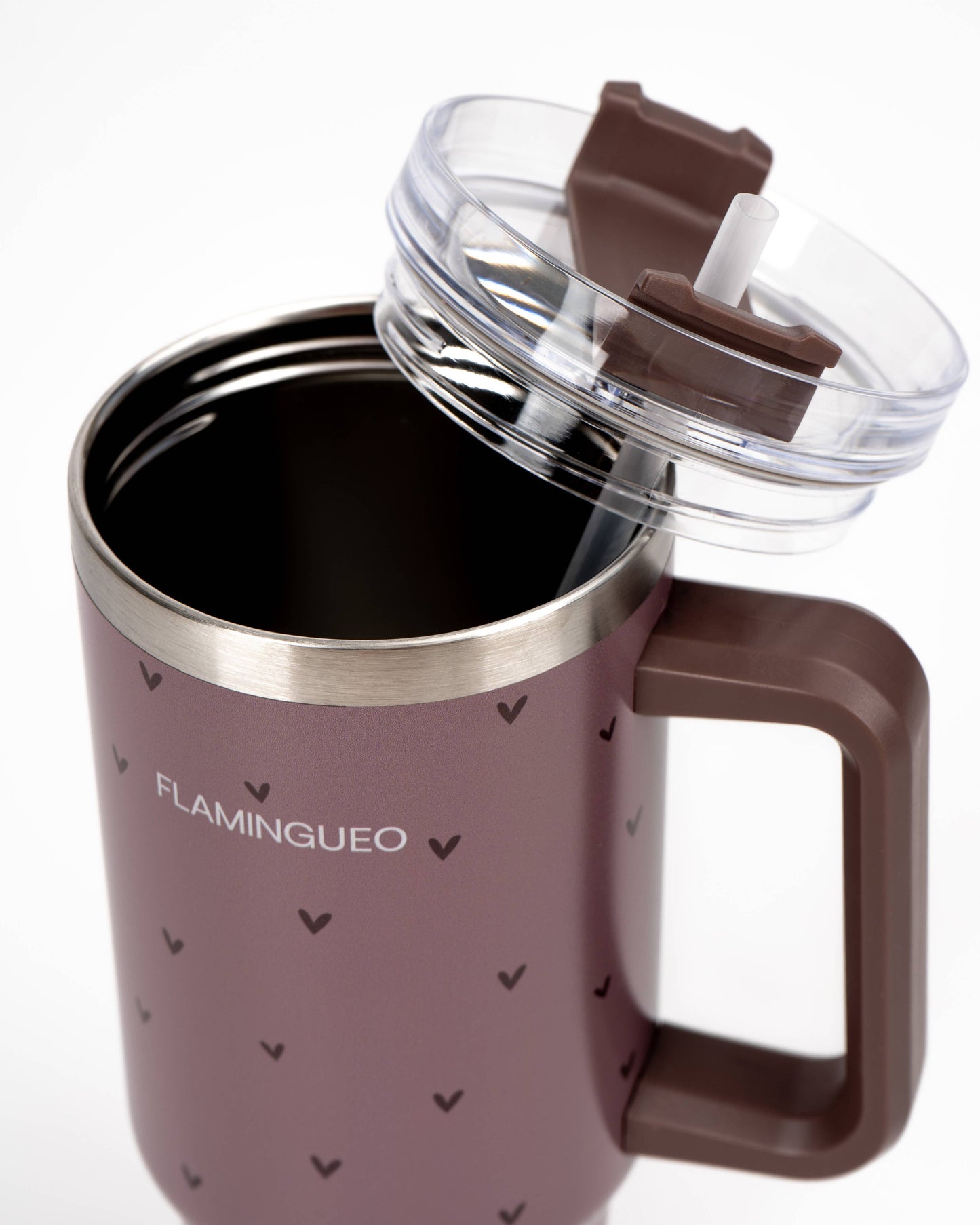 Gourde thermos marron en acier inoxydable avec des petits cœurs