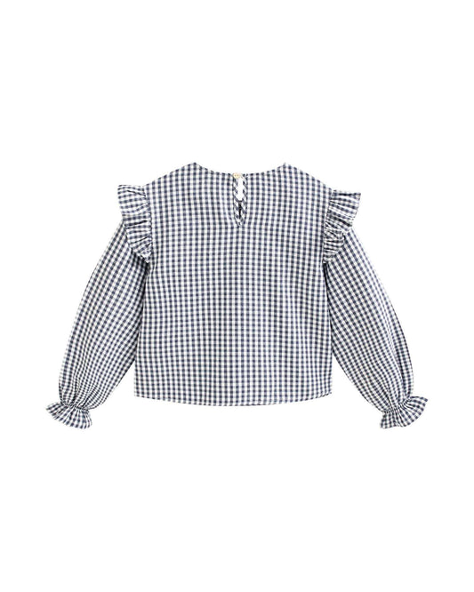 Blouse à manches longues à carreaux bleu et blanc Vichy pour fille