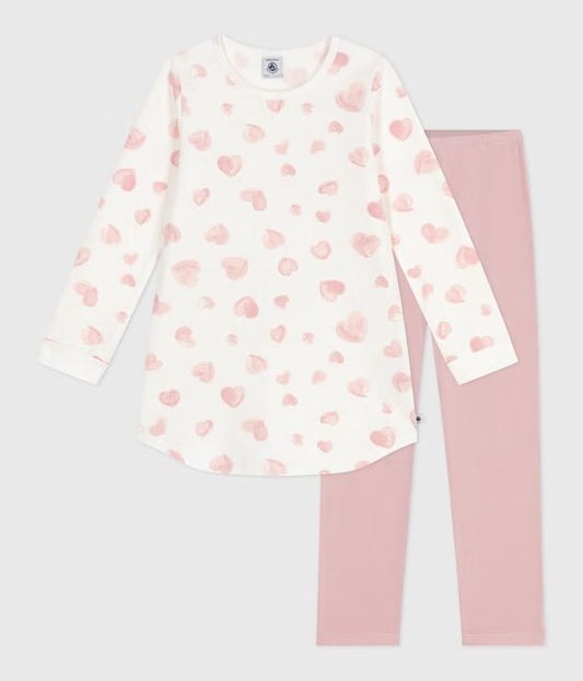 Chemise de nuit et legging enfant en molleton imprimé cœurs rose