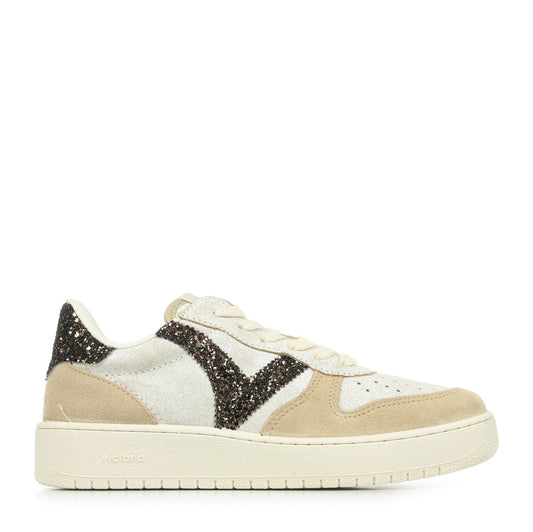 Victoria : basket ado Beige semelle épaisse à paillettes marron