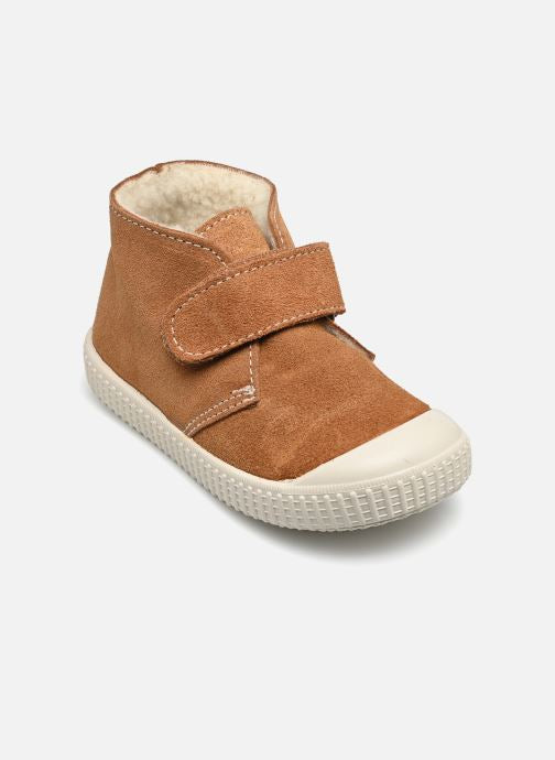 Victoria : chaussures montantes Camel fourrées à scratch en daim camel