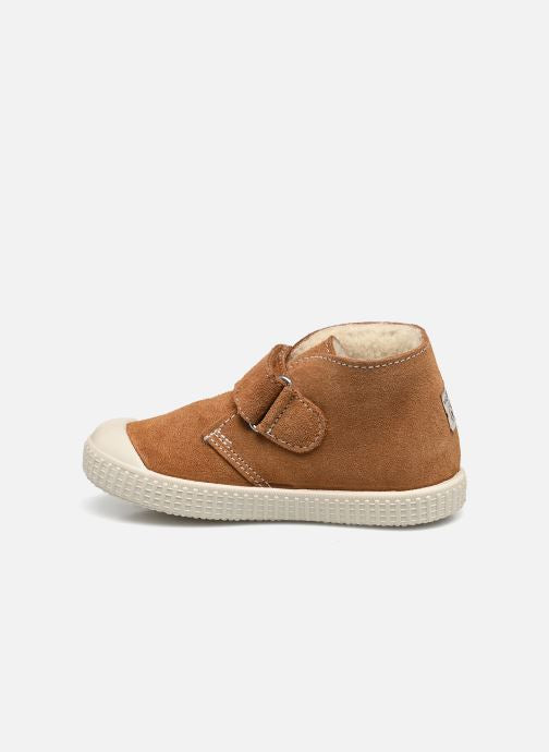 Victoria : chaussures montantes Camel fourrées à scratch en daim camel