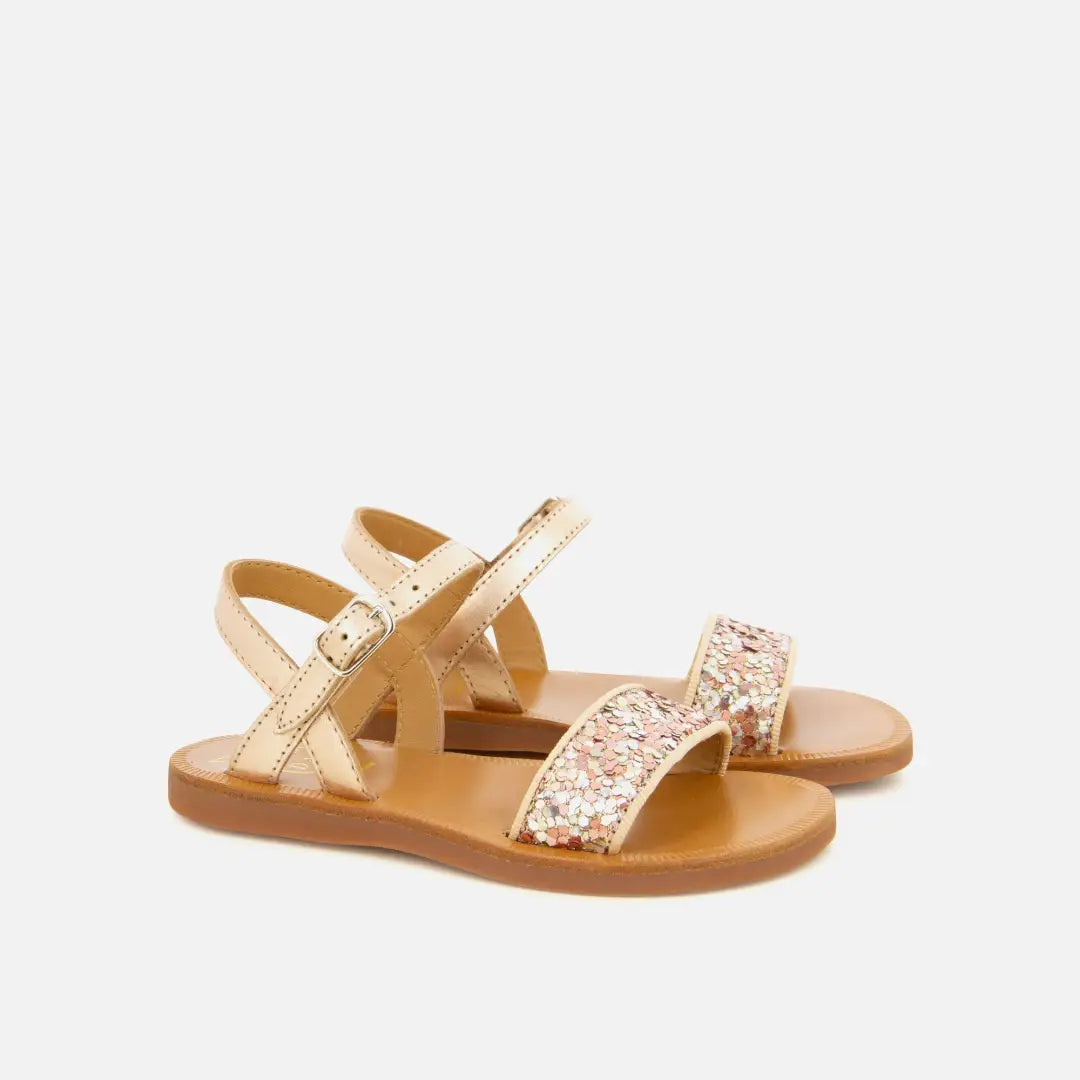 Sandales Plagette buckle tao cuivre/rose à paillettes