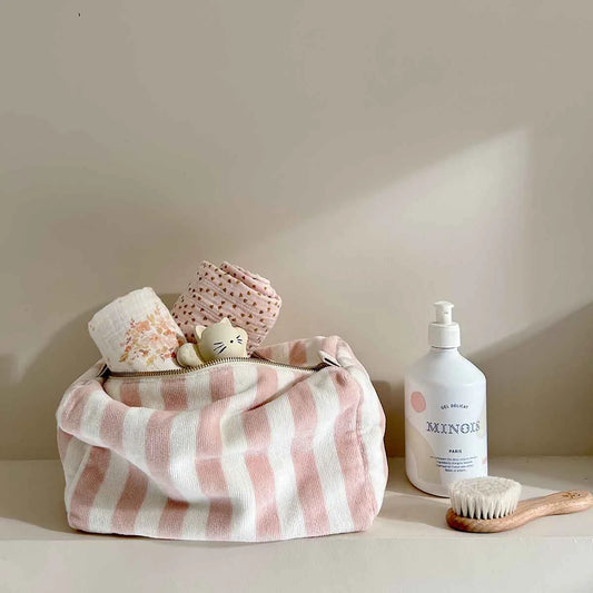 Trousse de toilette Vic rayée rose pâle en éponge