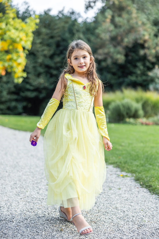 Déguisement robe de Princesse jaune veloutée avec mitaines