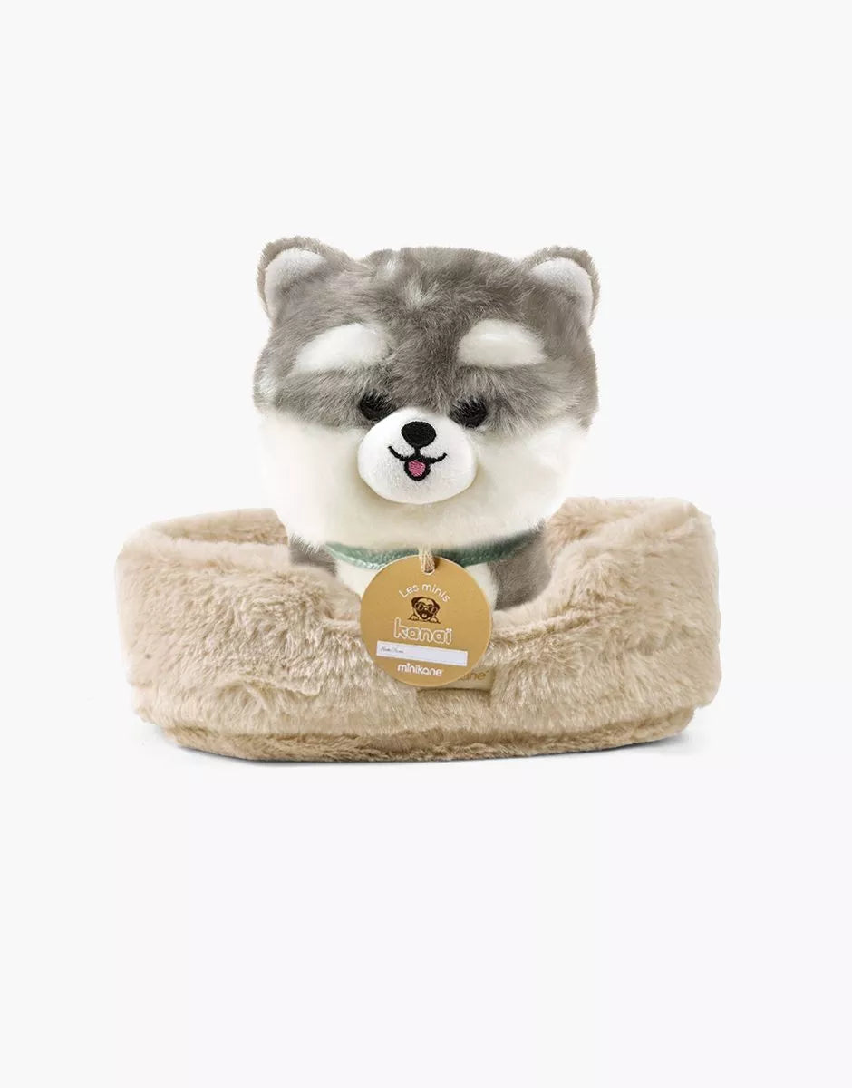 Aïko, chien en peluche de 18cm avec collier et son panier en fausse fourrure beige