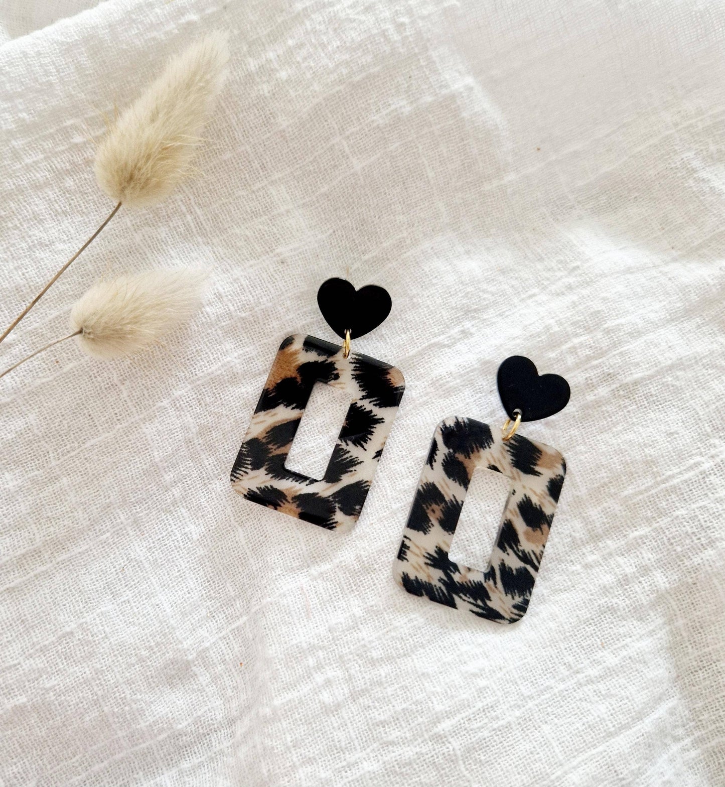 Boucles d'oreilles Rectangle Graou/coeur noir