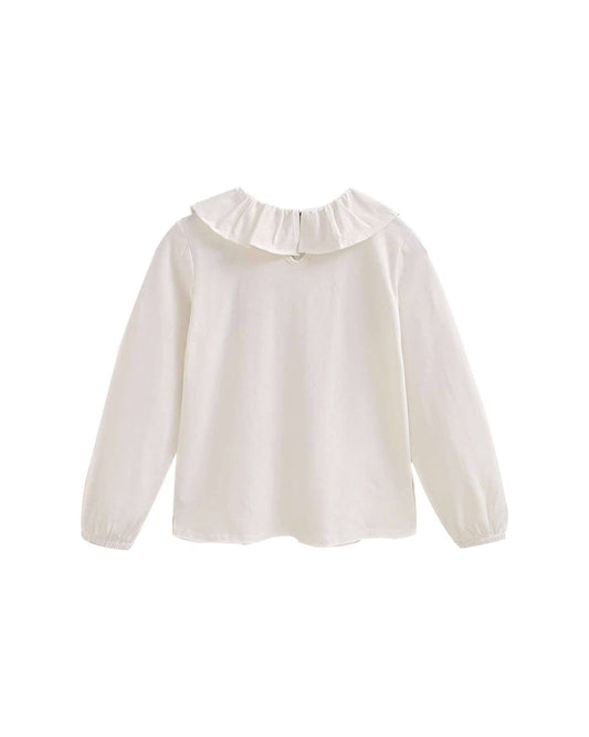 T-shirt blanc en coton à col volanté pour fille