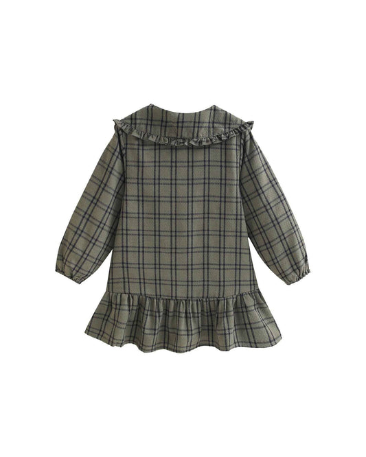 Robe à carreaux vert olive et bleu avec col Peter Pan