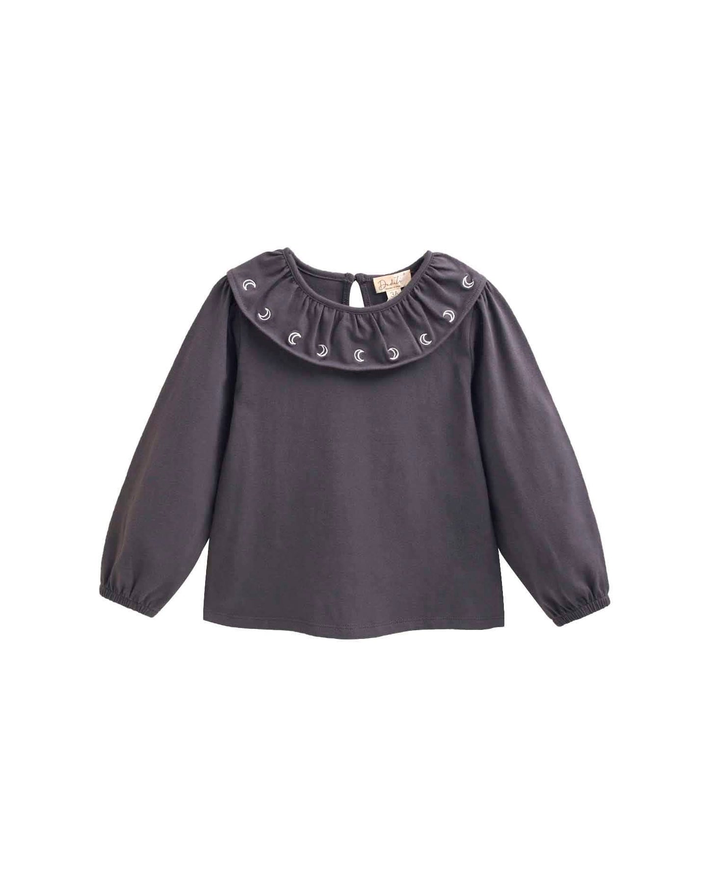 T-shirt gris foncé pour fille avec col volanté et broderie