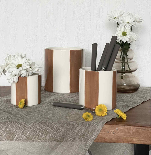 Set de 4 pots à rayures marrons