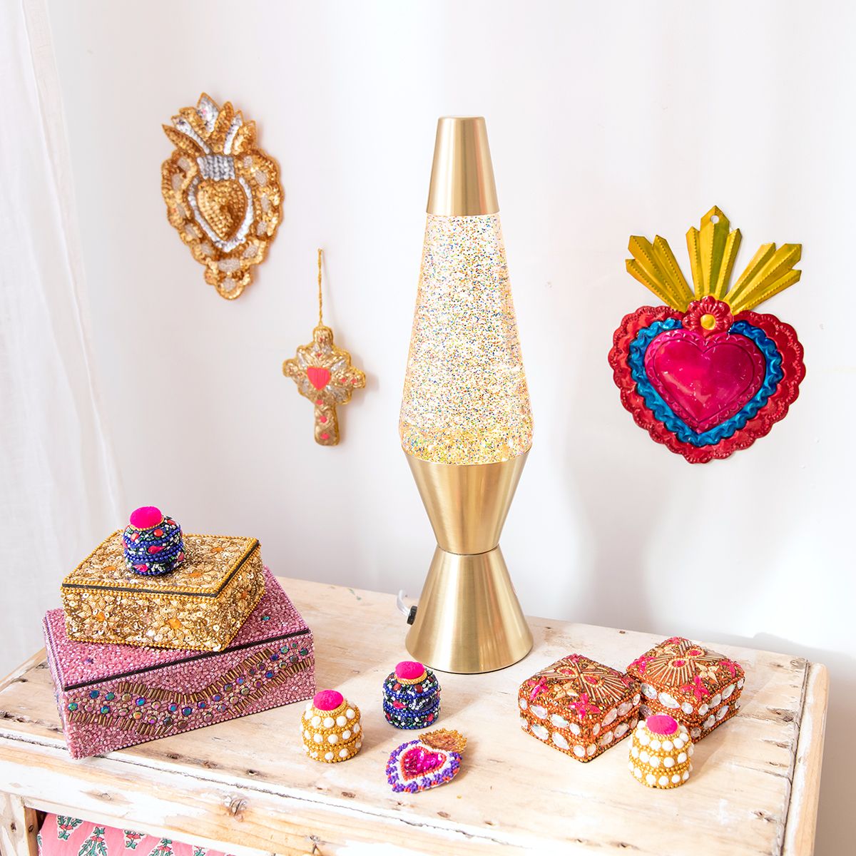 Lampe à lave dorée à paillettes