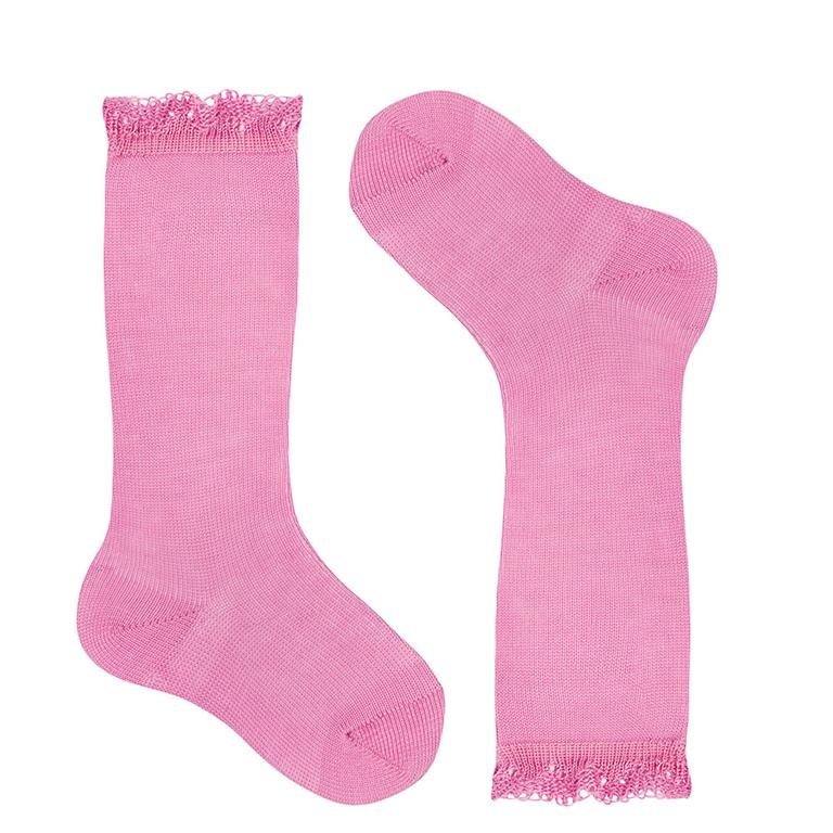 Chaussettes hautes en coton avec bordure ajourée ROSE BONBON