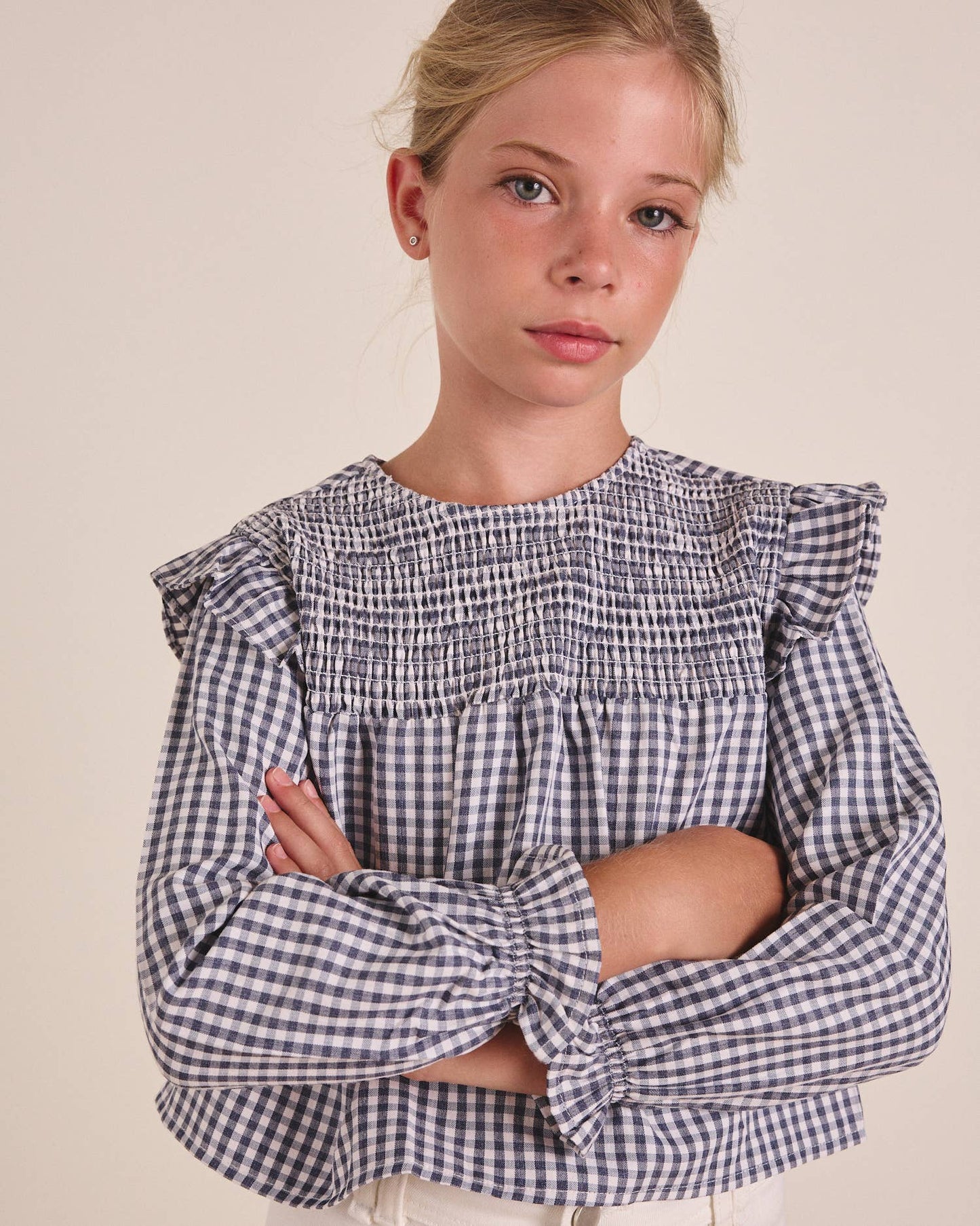 Blouse à manches longues à carreaux bleu et blanc Vichy pour fille