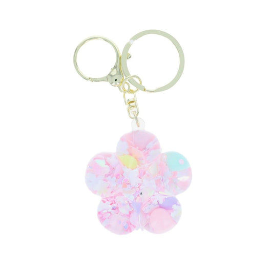 Porte-clés fleurs à paillettes liquide rose