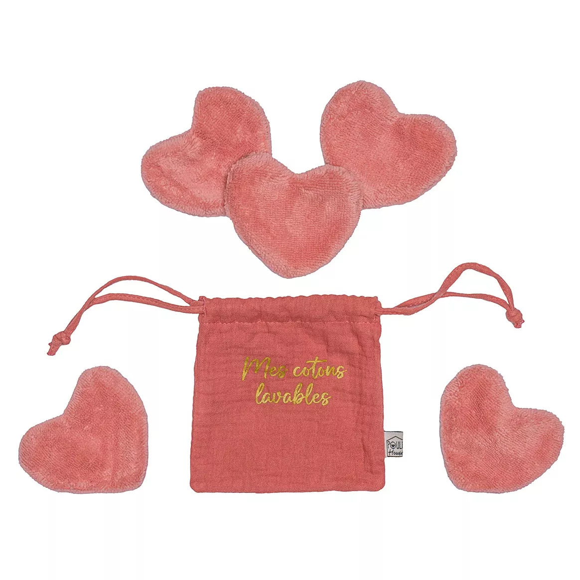 Set 5 cotons lavables forme cœur dans pochon