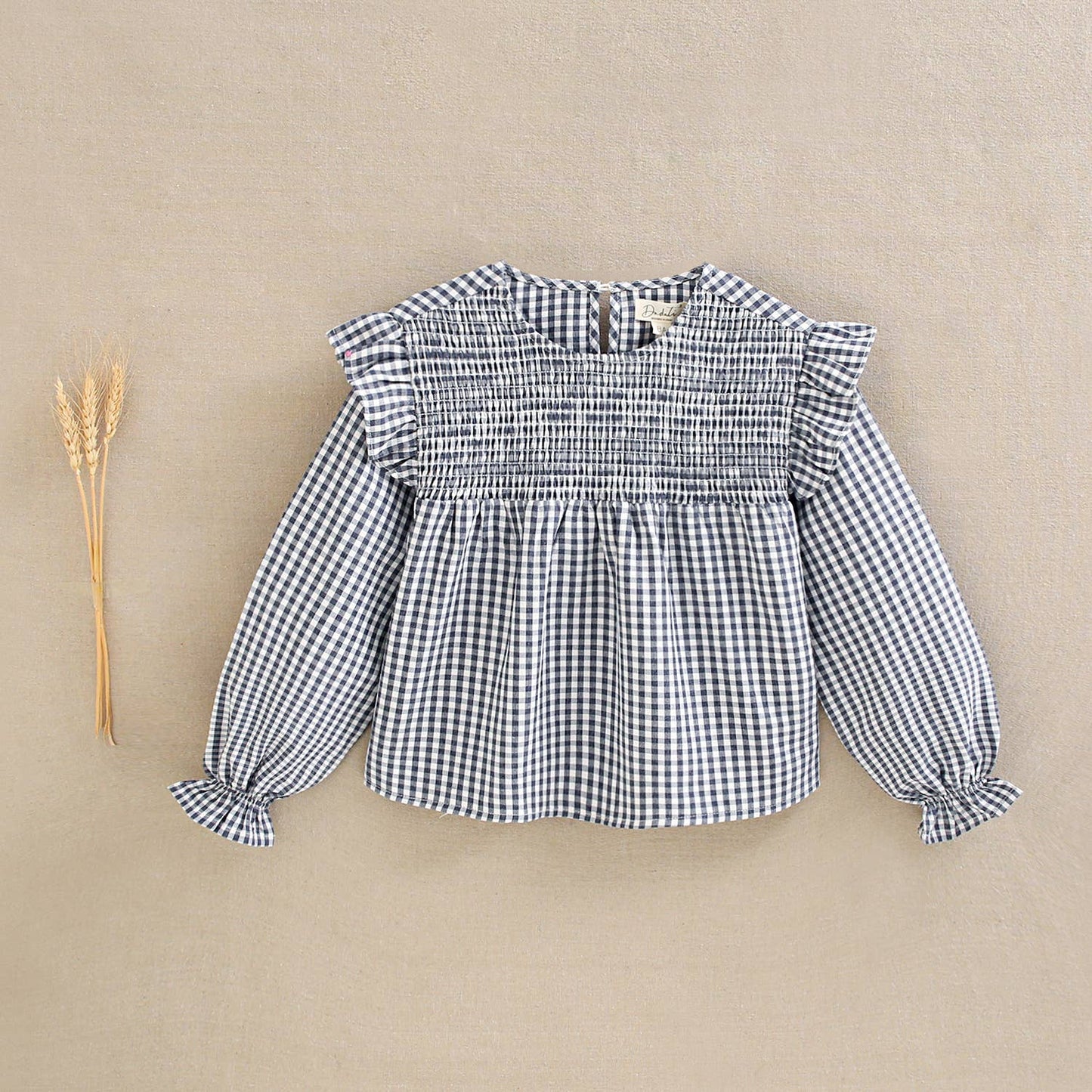 Blouse à manches longues à carreaux bleu et blanc Vichy pour fille