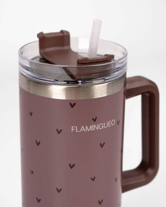 Gourde thermos marron en acier inoxydable avec des petits cœurs