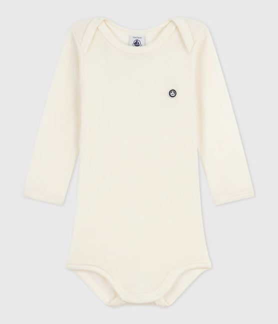 Body manches longues bébé en laine et coton écru
