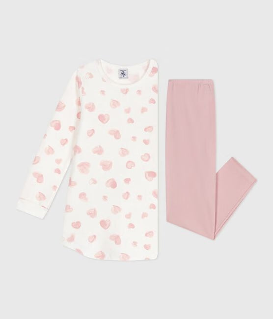 Chemise de nuit et legging enfant en molleton imprimé cœurs rose