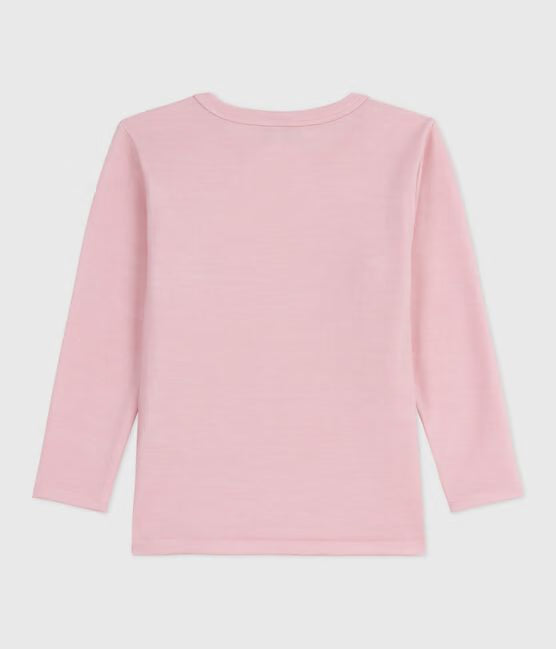 Tee-shirt enfant en laine et coton manches longues uni rose