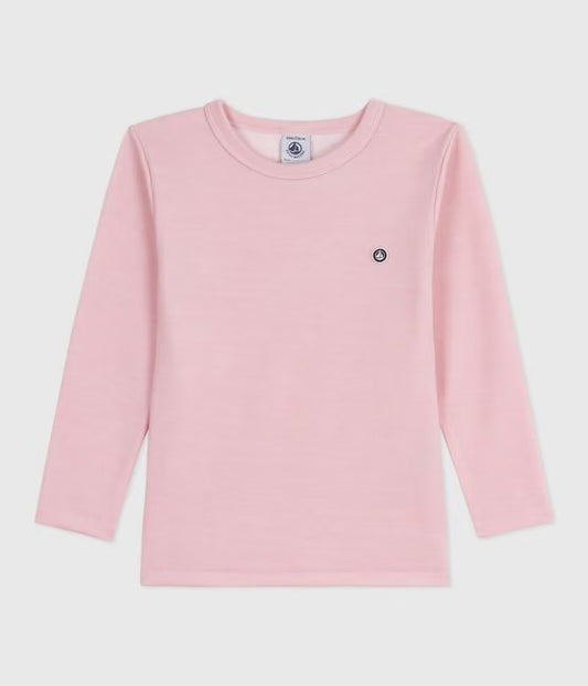 Tee-shirt enfant en laine et coton manches longues uni rose