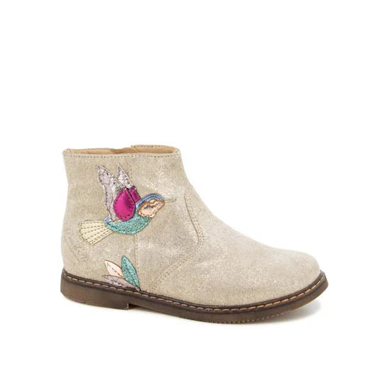 Pom d’Api : Bottines City Colibri Spark nubuck brodé beige platine