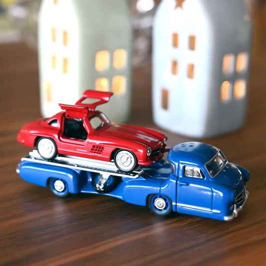 Camion Norev de transport bleu + Mercedes SL rouge 1/64