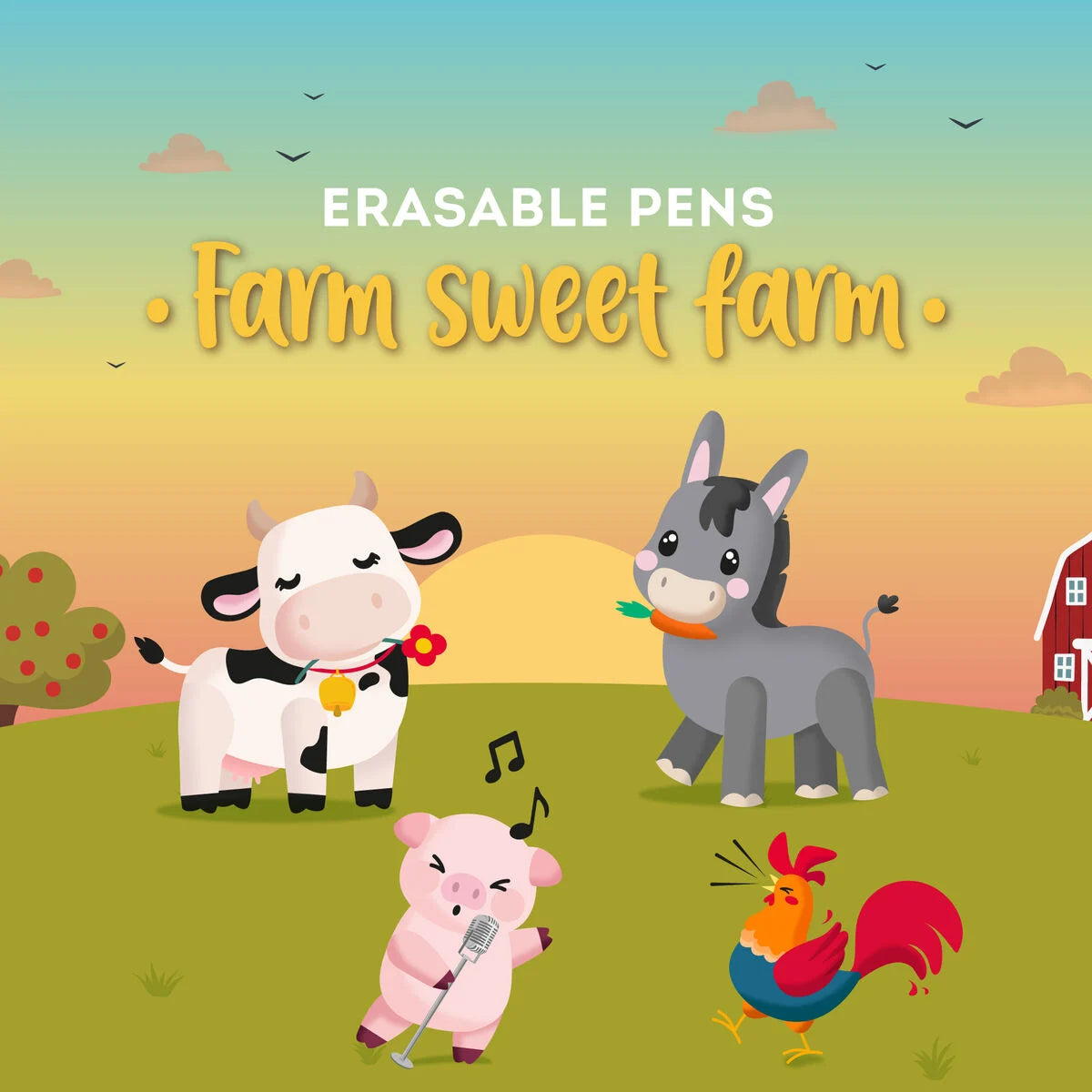 Set de 4 stylos gel encre effaçable Les Animaux de la ferme