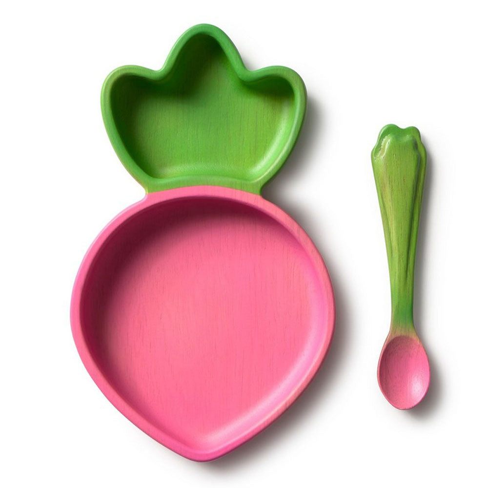 Set repas en bois d'hévéa Assiette et Cuillère Ramona le radis