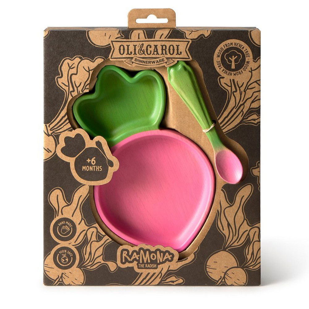 Set repas en bois d'hévéa Assiette et Cuillère Ramona le radis