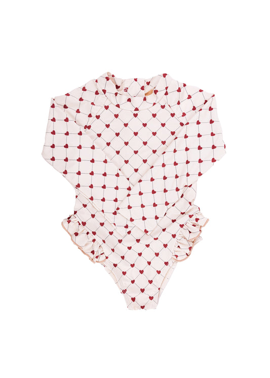 Maillot de bain anti-uv manches longues coeurs rouges ♥️
