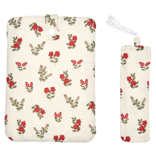 Pochette pour livre de poche + marque-page - Fleurs rouges