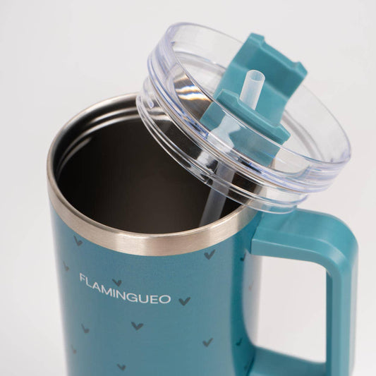 Gourde thermos verte en acier inoxydable avec des petits cœurs