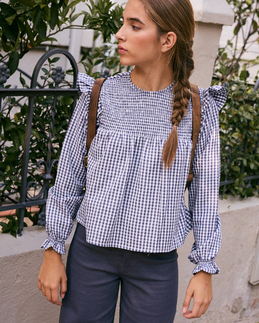 Blouse à manches longues à carreaux bleu et blanc Vichy pour fille