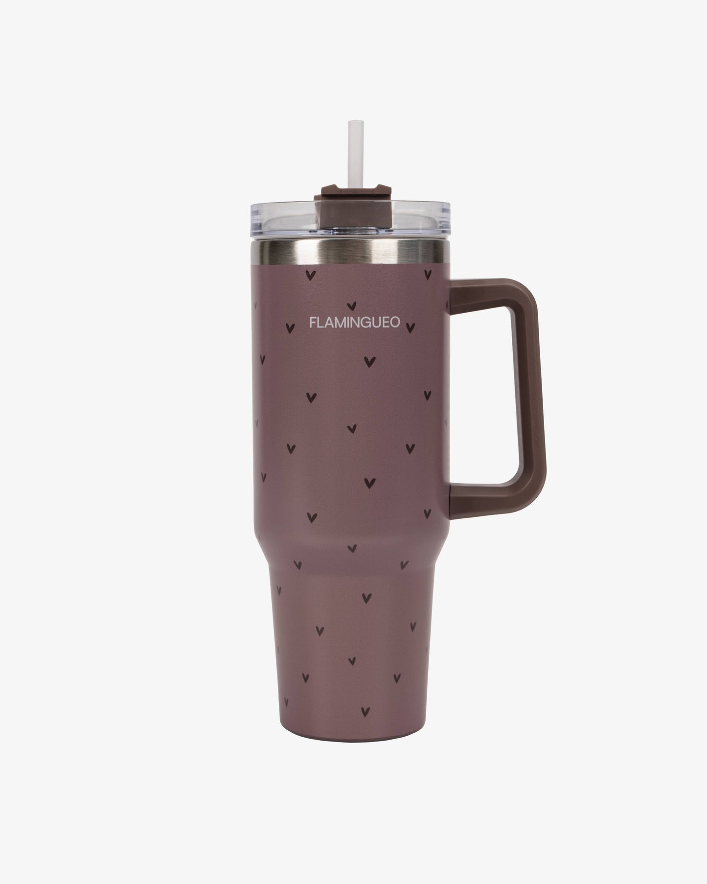 Gourde thermos marron en acier inoxydable avec des petits cœurs