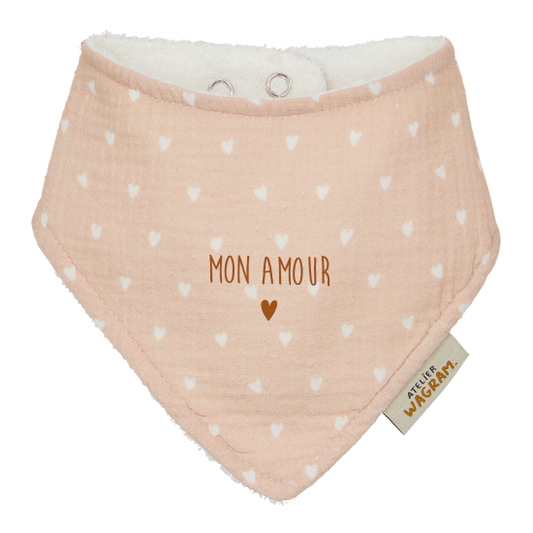 Bavoir bandana gaze beige petits coeurs