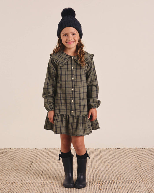Robe à carreaux vert olive et bleu avec col Peter Pan