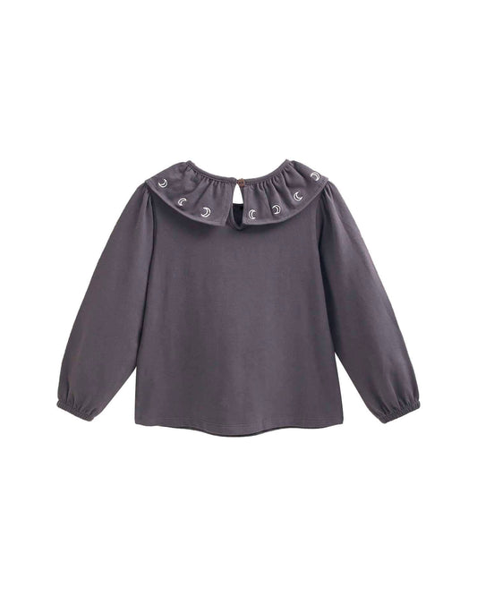 T-shirt gris foncé pour fille avec col volanté et broderie