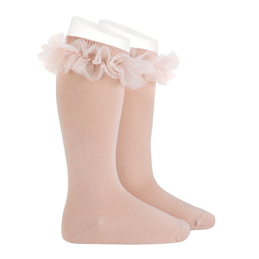 Chaussettes hautes avec tulle rose pâle