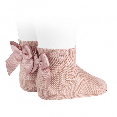 Chaussettes point mousse avec noeud VIEUX ROSE (544)