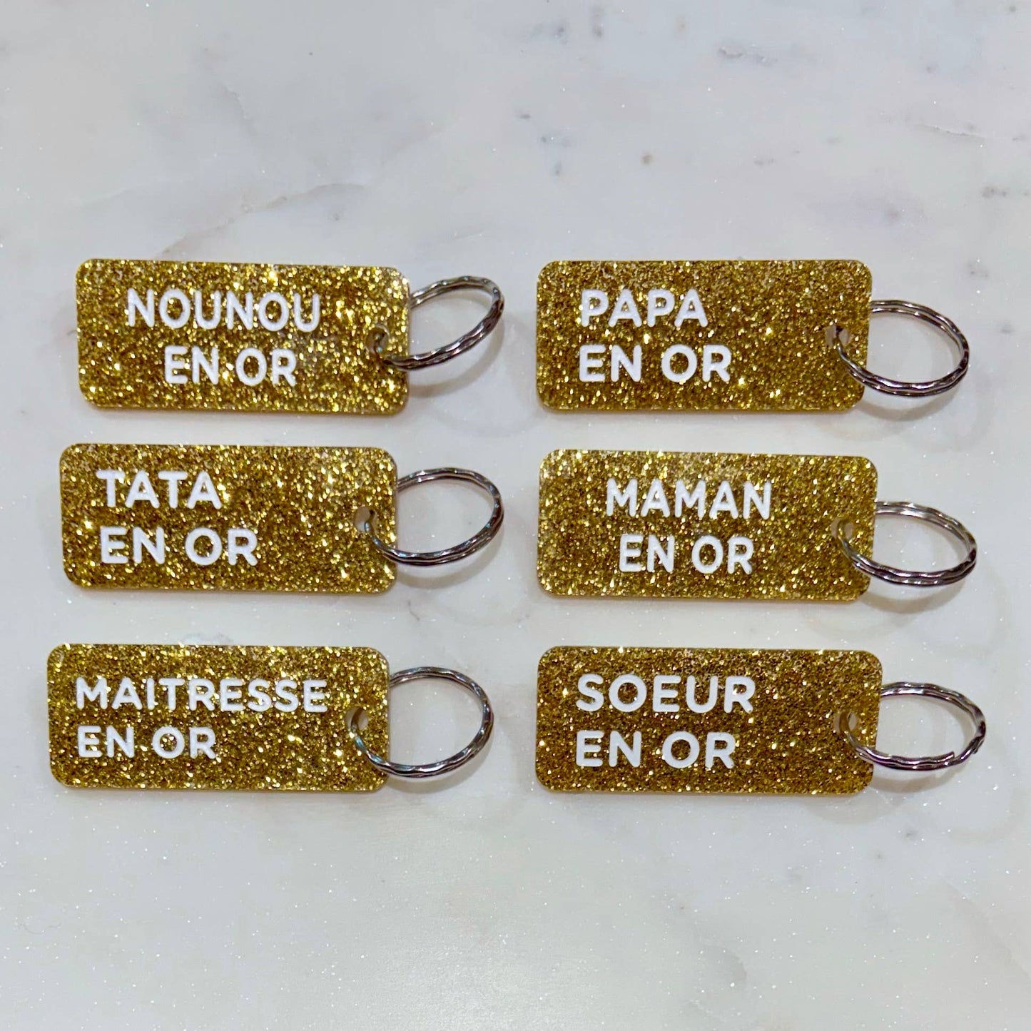 Porte-clés à paillettes : Maman en Or