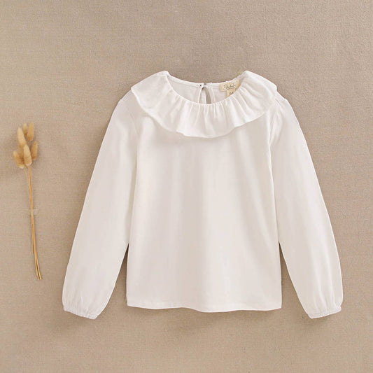 T-shirt blanc en coton à col volanté pour fille