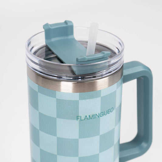 Gourde thermos en acier inoxydable à carreaux verts