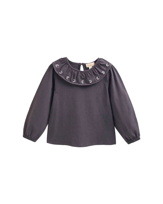 T-shirt gris foncé pour fille avec col volanté et broderie
